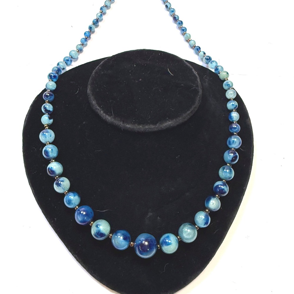 Vintage Blue Agate Graduated Bead Necklace Brass Barrel Clasp 24 Inch Statement